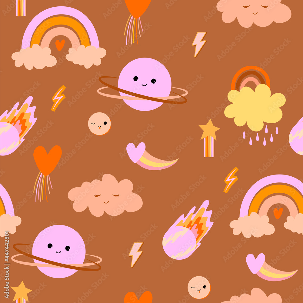 Baby seamless pattern with Retro 70's cartoon trendy elements. Vector hand drawn flat illustrations. Editable Vector.