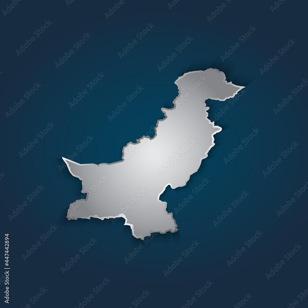 Pakistan map 3D metallic silver with chrome, shine gradient on dark blue background. Vector illustration EPS10.