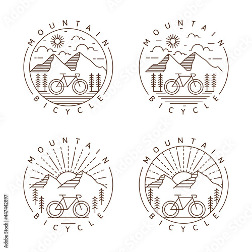 Set of mountain and bicycle monoline or line art style vector illustration