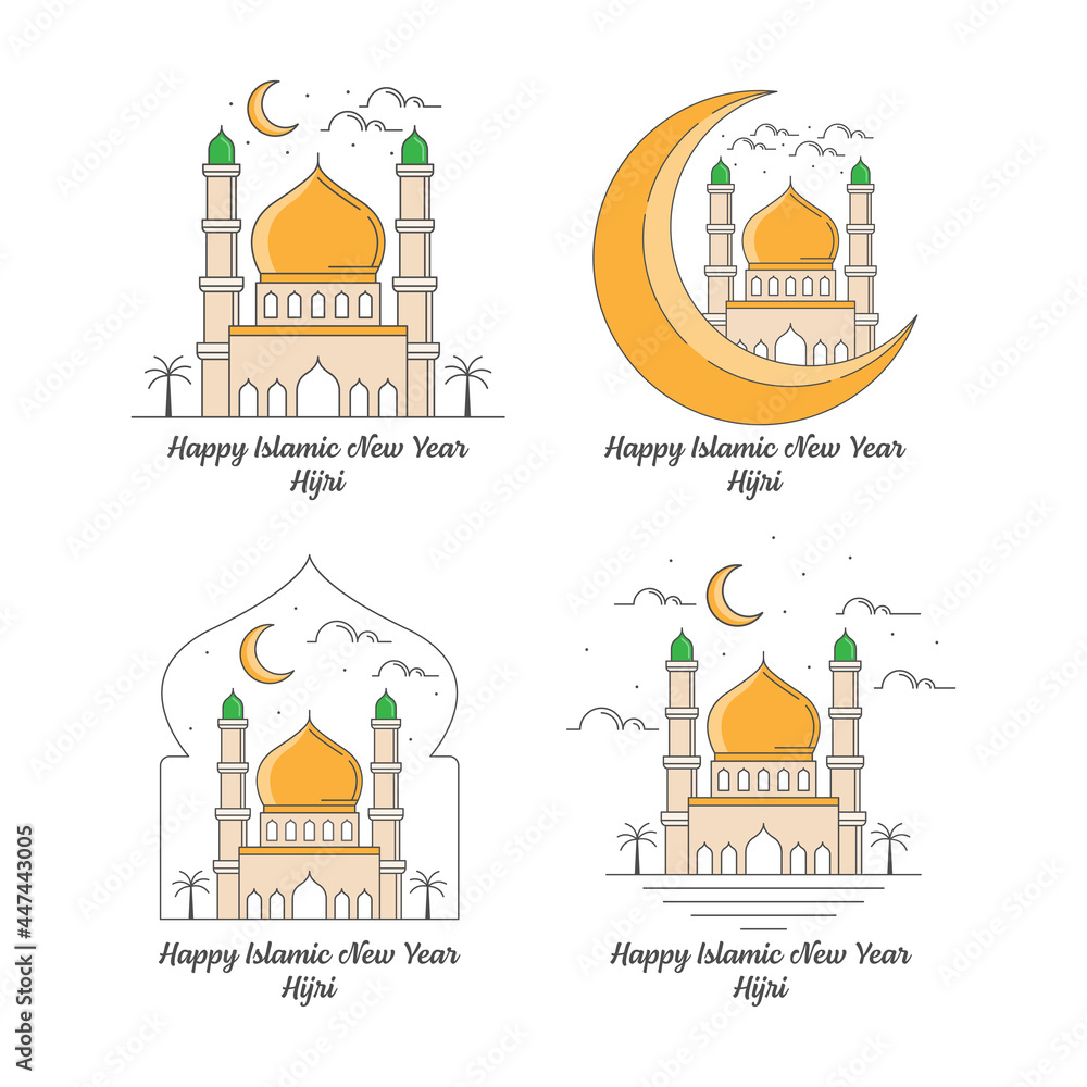 Set of happy islamic new year hijri monoline or line art style vector illustration