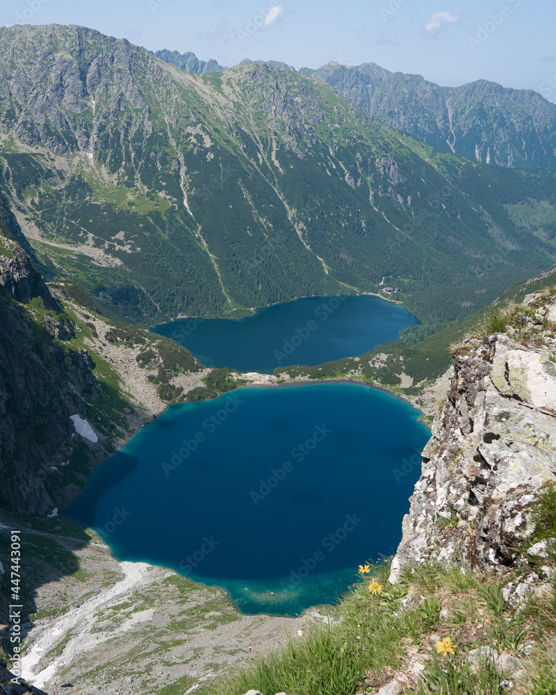 Obraz premium Eye of the Sea and Black Lake below Mount Rysy, Tatra Mountains, Poland. Aerial Drone shot