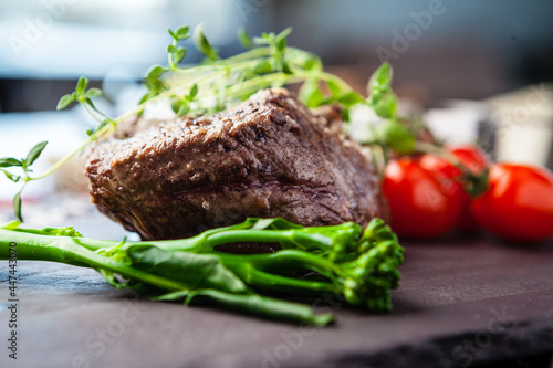 Estonian beef tenderloin steak. Delicious healthy traditional food closeup served for lunch in modern gourmet cuisine restaurant