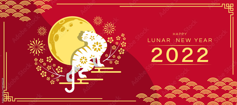 happy lunar new year 2022 - white and gold tiger zodiac standing on cloud and full moon with firwork and flower around on red background vector design happy lunar new year 2022 - white and gold tiger zodiac standing on cloud and full moon with firwork and flower around on red background vector design