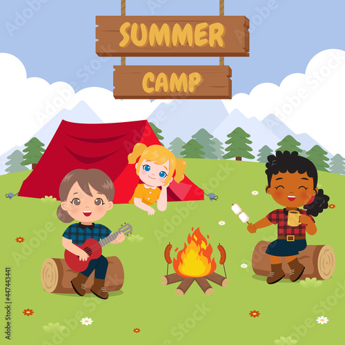 Cute girls relaxing camping site. Summer camp illustration. Flat vector cartoon design