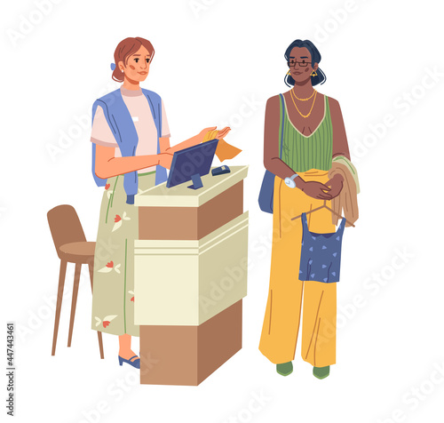 Attractive shop assistant sell clothes to young african woman isolated flat cartoon characters. Vector happy women customer and buyer in fashion showroom. Girl offering choice of trendy fashion cloth