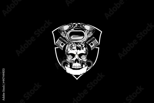 skull head with motorcycle engine and piston vector logo