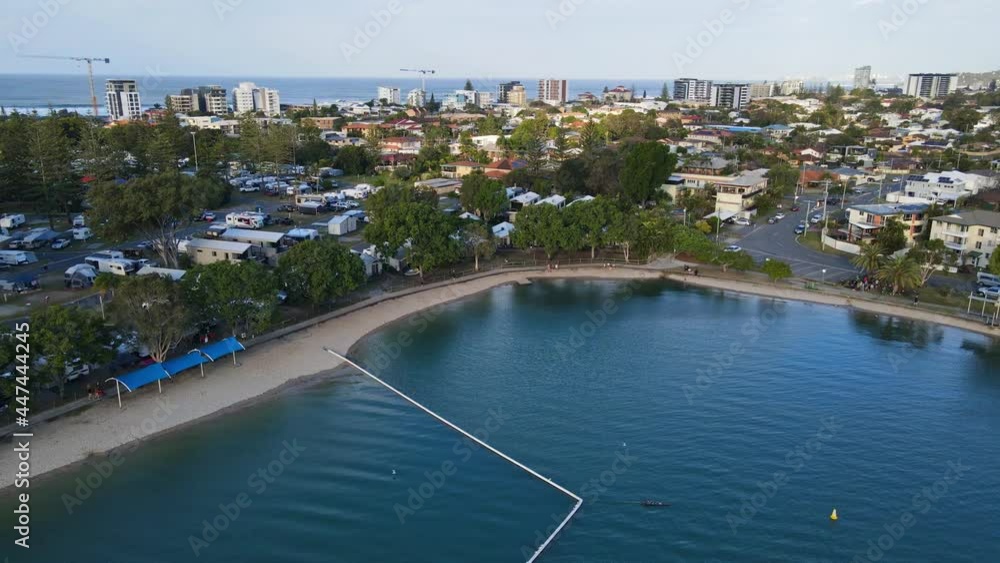 Tallebudgera Creek And Beach With Cityscape Of Palm Beach - Coastal Suburb In Gold Coast, QLD, Australia. - aerial Tallebudgera Creek And Beach With Cityscape Of Palm Beach - Coastal Suburb In Gold Coast, QLD, Australia. - aerial