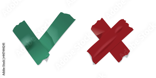 Adhesive tape signs for yes and no set. Red cross and green tick symbol in sticky duct paper strips, cuts, textured and glued vector illustration. Realistic image on white background