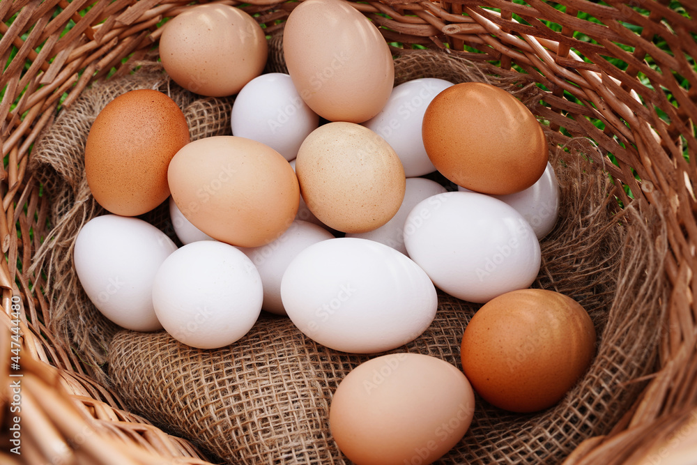 Organic rustic white and brown chicken eggs close-up on natural cloth in a basket and yellow little chicken, organic food from the village. Organic rustic white and brown chicken eggs close-up on natural cloth in a basket and yellow little chicken, organic food from the village.