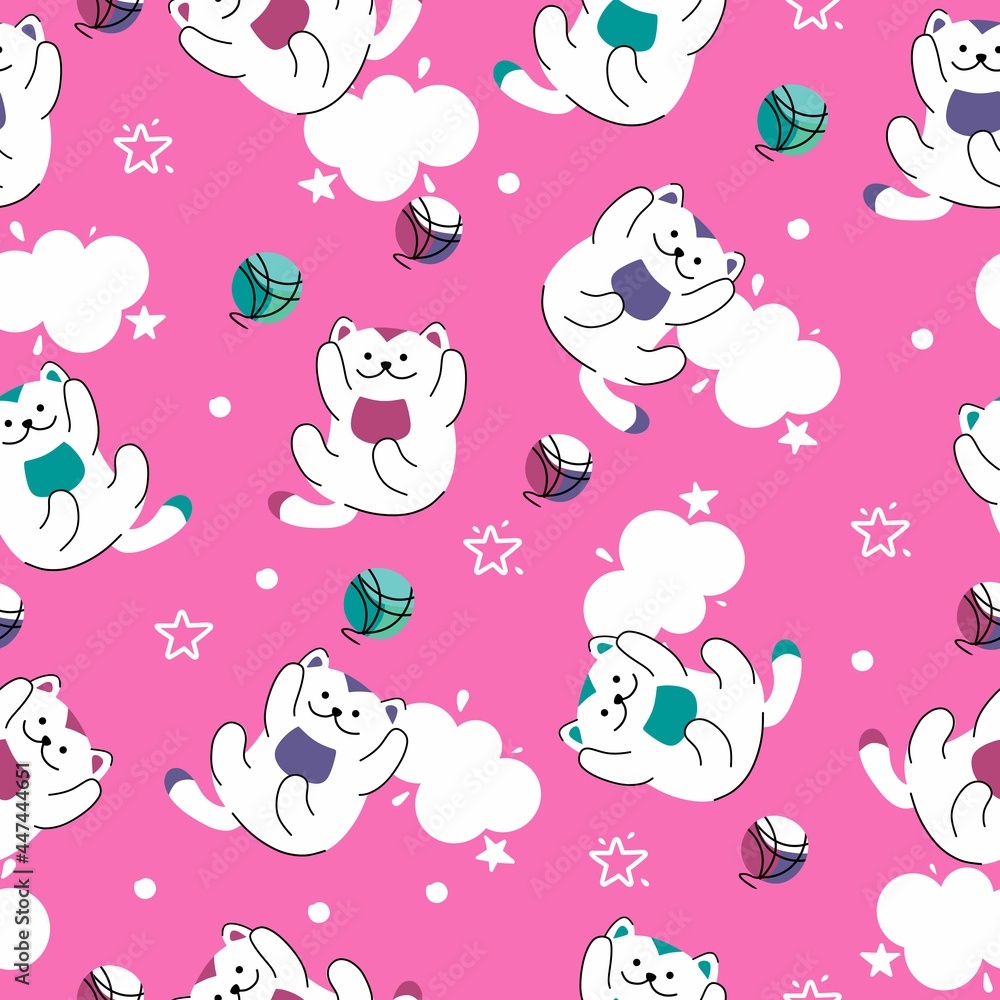 A pattern of funny cats and balls of yarn on a pink background. For use in printing, postcards, textiles. Vector illustration. A pattern of funny cats and balls of yarn on a pink background. For use in printing, postcards, textiles. Vector illustration.