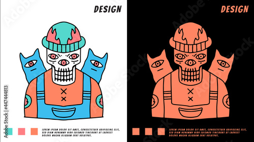 hype monster skull and cat, illustration for t-shirt, poster, sticker, or apparel merchandise. With cartoon style.