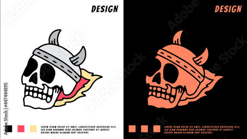 skull head with viking helmet and fire, illustration for t-shirt, poster, sticker, or apparel merchandise. With cartoon style.
