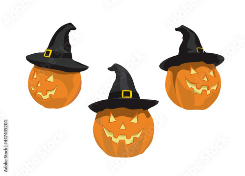 Illustration of three different styles of Halloween pumpkin heads wearing black witch hats on a white background.