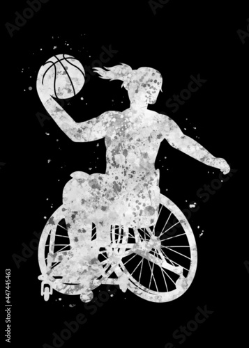 Wheelchair Basketball player girl white black art watercolor, abstract sport painting. black and white sport art print, watercolor illustration artistic, greyscale, decoration wall art.