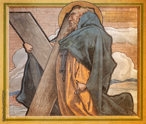 VIENNA, AUSTIRA - JULI 5, 2021: The fresco of St. Andrew the apostle in the church Neuottakringer Pfarrkirche by Felix Jenewien  (1857 - 1905). photo