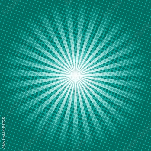 Green Sunburst Pattern Background. Sunburst with rays background. Vector illustration. Green radial background. Halftone background.