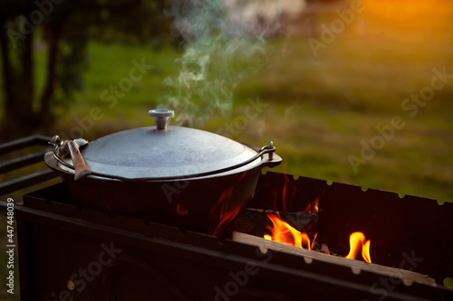 Cooking in a pot on the fire. Camping concept.