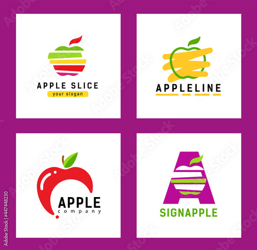 Set of modern logos with an apple silhouette. Logo concept for healthy food