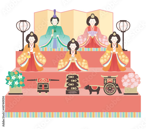 ひな祭り　シンプルでかわいい三段の雛飾りのイラストレーション
