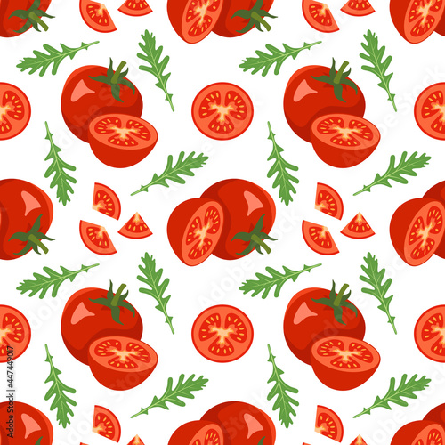 Seamless pattern with tomatoes and arugula leaves. Healthy vegan food print. Red vegetable on white background for textiles, wrapping paper and design