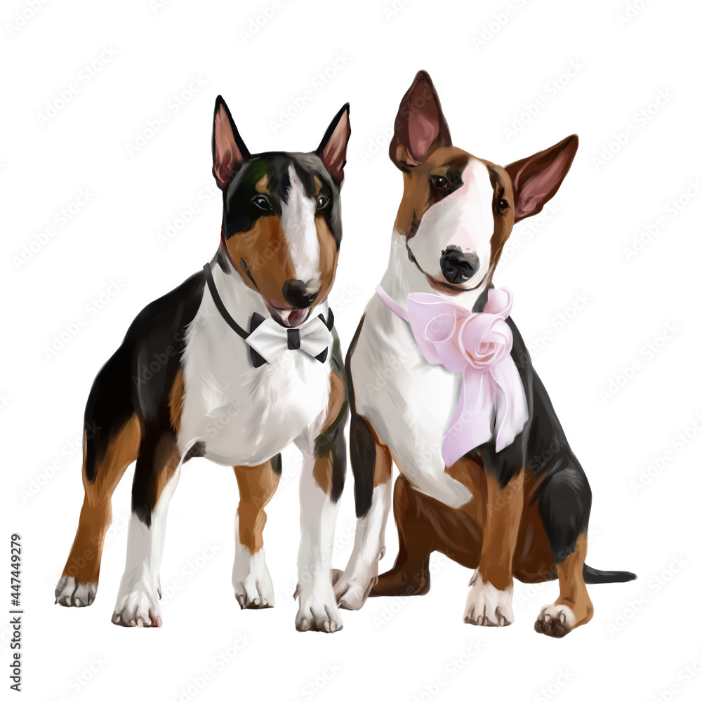 Two bull terriers in wedding dresses Two bull terriers in wedding dresses