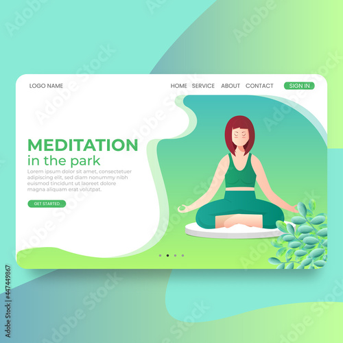 Woman meditating on nature. landing page Concept illustration for yoga, meditation, healthy lifestyle. Vector illustration in flat cartoon style