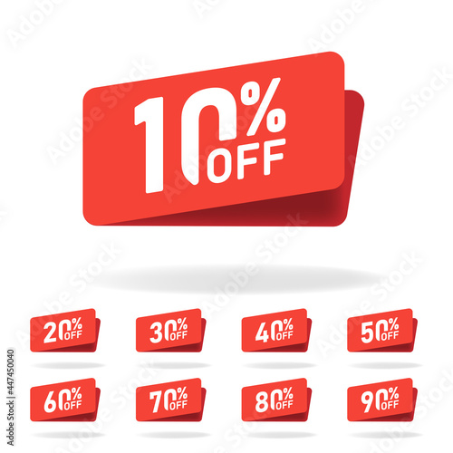 Sale tags set vector badges template, 10 off, 20, 30, 40, 50, 60, 70, 80, 90 percent off label symbols, discount promotion flat icon, clearance sale sticker emblem red rosette