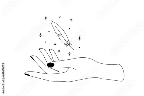 Mystic celestial bird feather with constellation stars over woman hand outline silhouette. Vector illustration of Witch and Magic symbol
