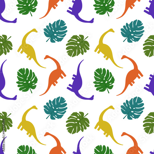 Seamless pattern with dinosaurs and palm leaves. Print of silhouettes of multicoloured diplodocus and plants. Prehistoric animal, cute baby background for textile, wrapping paper and design