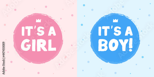 Baby shower stickers. Its a boy card. its a girl card. Vector baby shower postcard