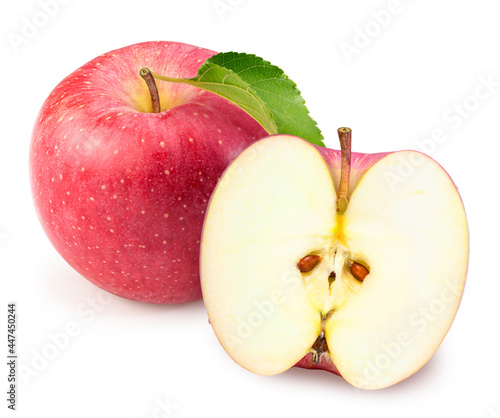 Japanese San Fuji Apple isolated on white background, Fresh Pink Apple with leaf on white background, With clipping path.