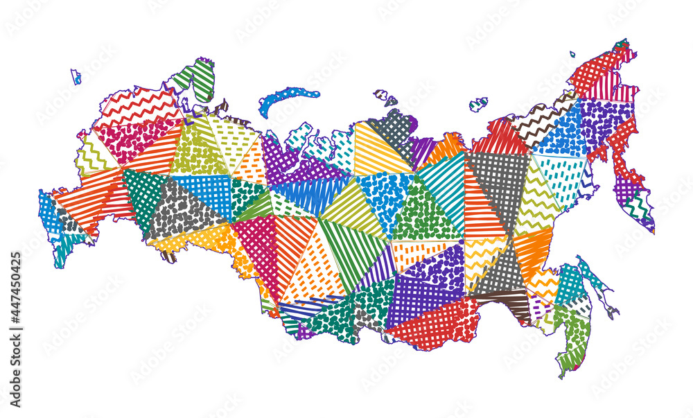 Kid style map of Russia. Hand drawn polygons in the shape of Russia. Vector illustration.
