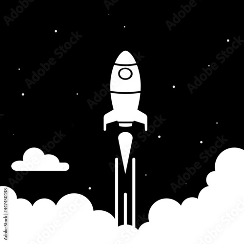 Graphic line rocket soaring through the clouds and space. Business concept design. Vector illustration. 