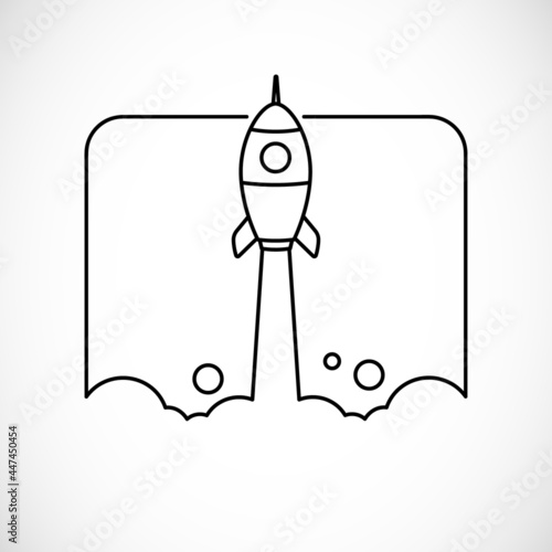 Graphic line rocket soaring through the clouds in square, Business concept design. Vector illustration. 