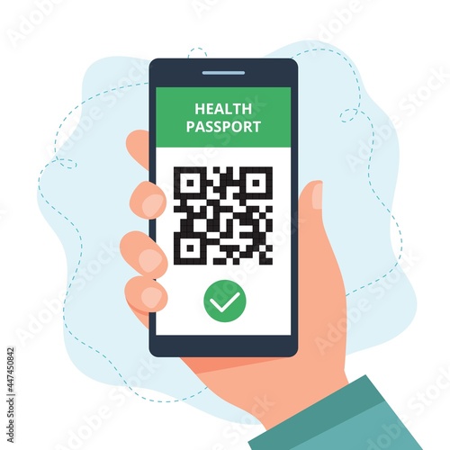 Health passport concept. hand holding a smartphone with QR code, vaccination status. Vector illustration in flat style
