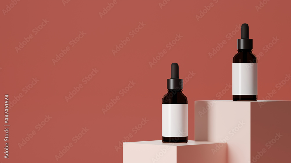 Brown dropper glass cosmetic bottles, package template, beauty product with pink background Brown dropper glass cosmetic bottles, package template, beauty product with pink background