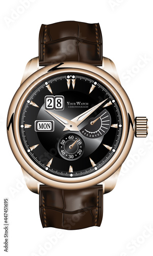 Realistic gold watch clock chronograph brown leather strap black face on white design classic luxury vector illustration.