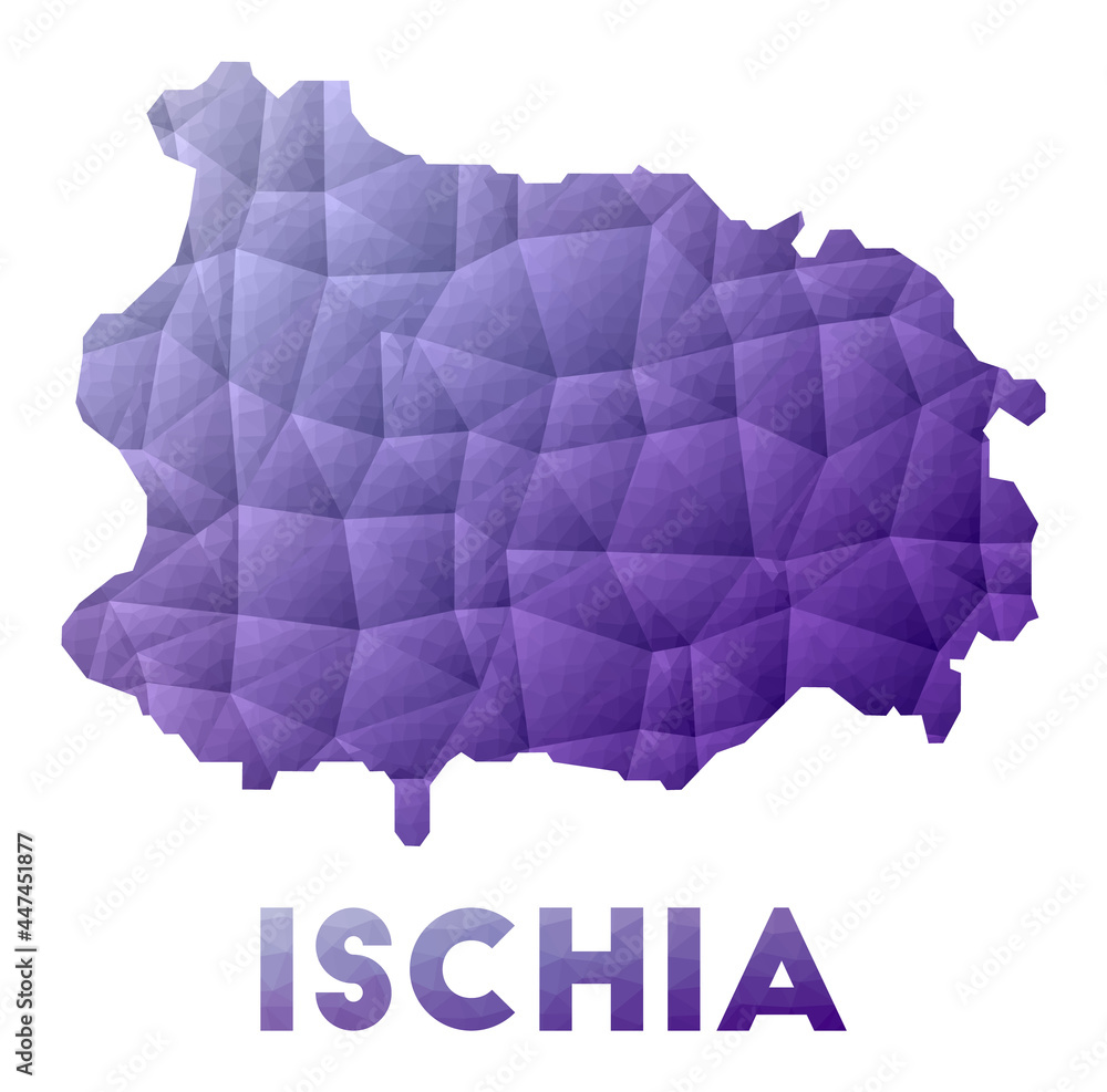 Map of Ischia. Low poly illustration of the island in a purple geometric design. Polygonal vector illustration. Map of Ischia. Low poly illustration of the island in a purple geometric design. Polygonal vector illustration.