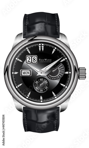Realistic watch clock chronograph silver leather strap black on white design classic luxury vector illustration.