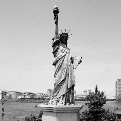 Tokyo landmark - replica of Statue of Liberty. Black and white Japan. photo