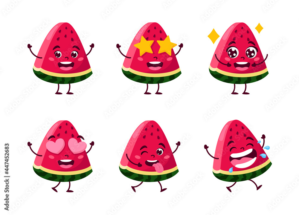 Summer cute kawaii watermelon character. Vector illustration. Cartoon style. Collection. Summer cute kawaii watermelon character. Vector illustration. Cartoon style. Collection.