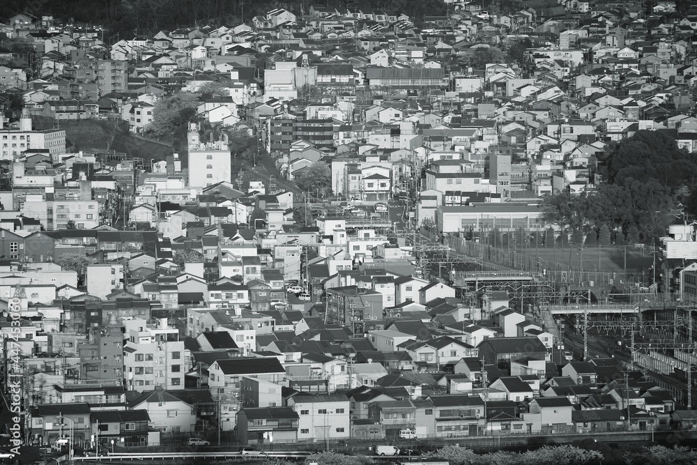 Kyoto city aerial view - black and white Japan
