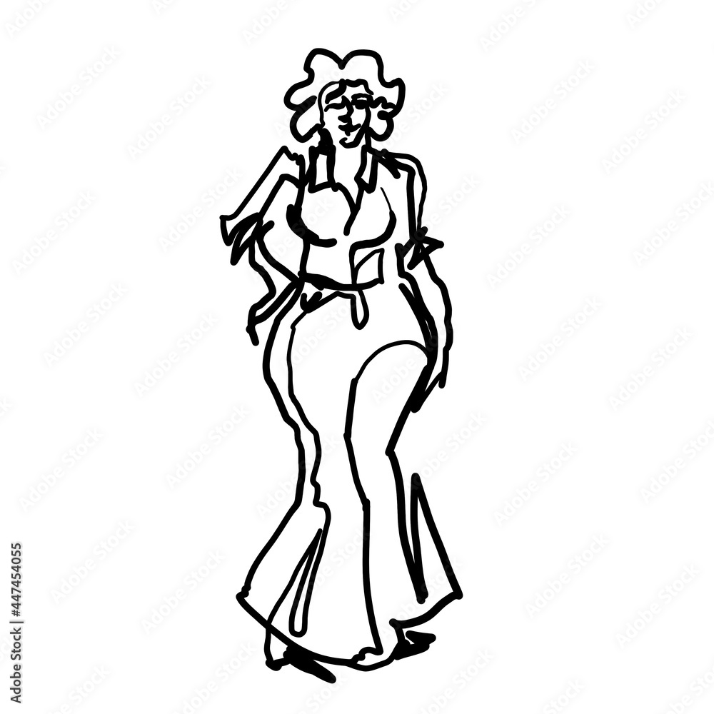Sketch drawing of a woman in a blouse and trousers. Black contour outline. Sketch drawing of a woman in a blouse and trousers. Black contour outline.