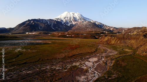 View from the drone - Ichinskaya Volcano Volcano  impressive volcanic landscape in Kamchatka  Russia.