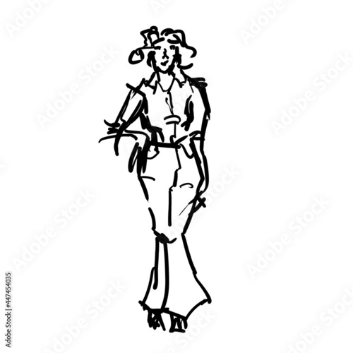 Contour blck outline of a girl in casual clothes. Fashion sketch drawing.