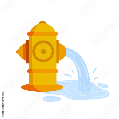 Fire hydrant. Flat cartoon illustration. Yellow icon of fire fighting tool. Jet of water. Leak and puddle