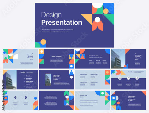 Set of vector slides for presentations and reports. Geometric elements with infographics in minimal design on a white background. Can be used for brochures, flyers, booklets, banners, web interfaces.