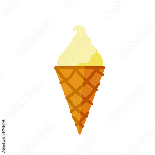 Ice cream cone. Sweet dessert with vanilla creme brulee balls. Cold food. Flat cartoon illustration