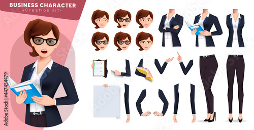 Businesswoman creation kit vector set. Business woman editable character kit with standing and holding pose and gesture for body parts and facial expressions creator design. Vector illustration

