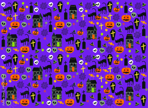 Vector Halloween seamless pattern pumpkin, skull, candies.